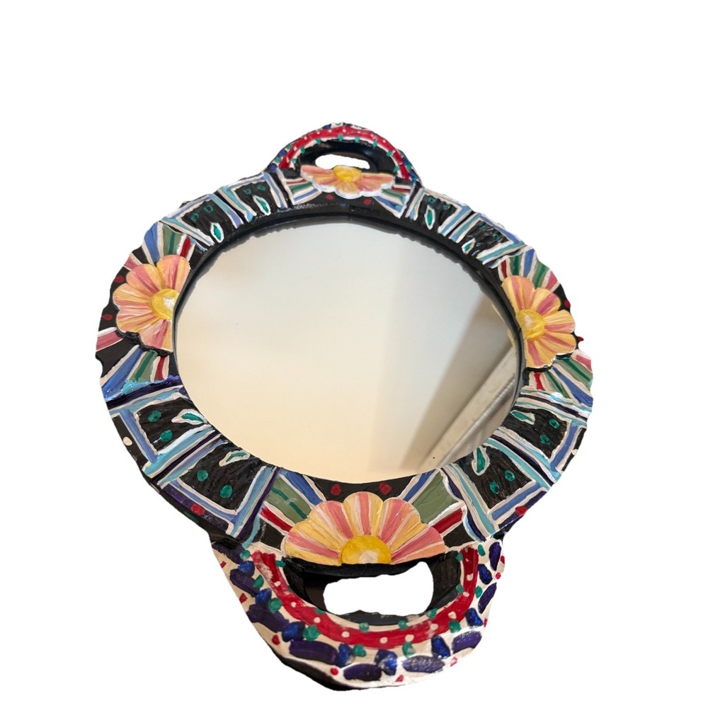 17" VTG 80s Wood Floral Colorful Mirror Mexico hacienda style handmade Wallmount